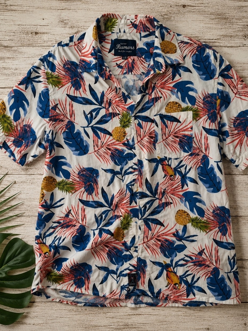 Rumors Tropical Hawaiian Shirt Large Unisex 100% Cotton Pineapple Parrot Print